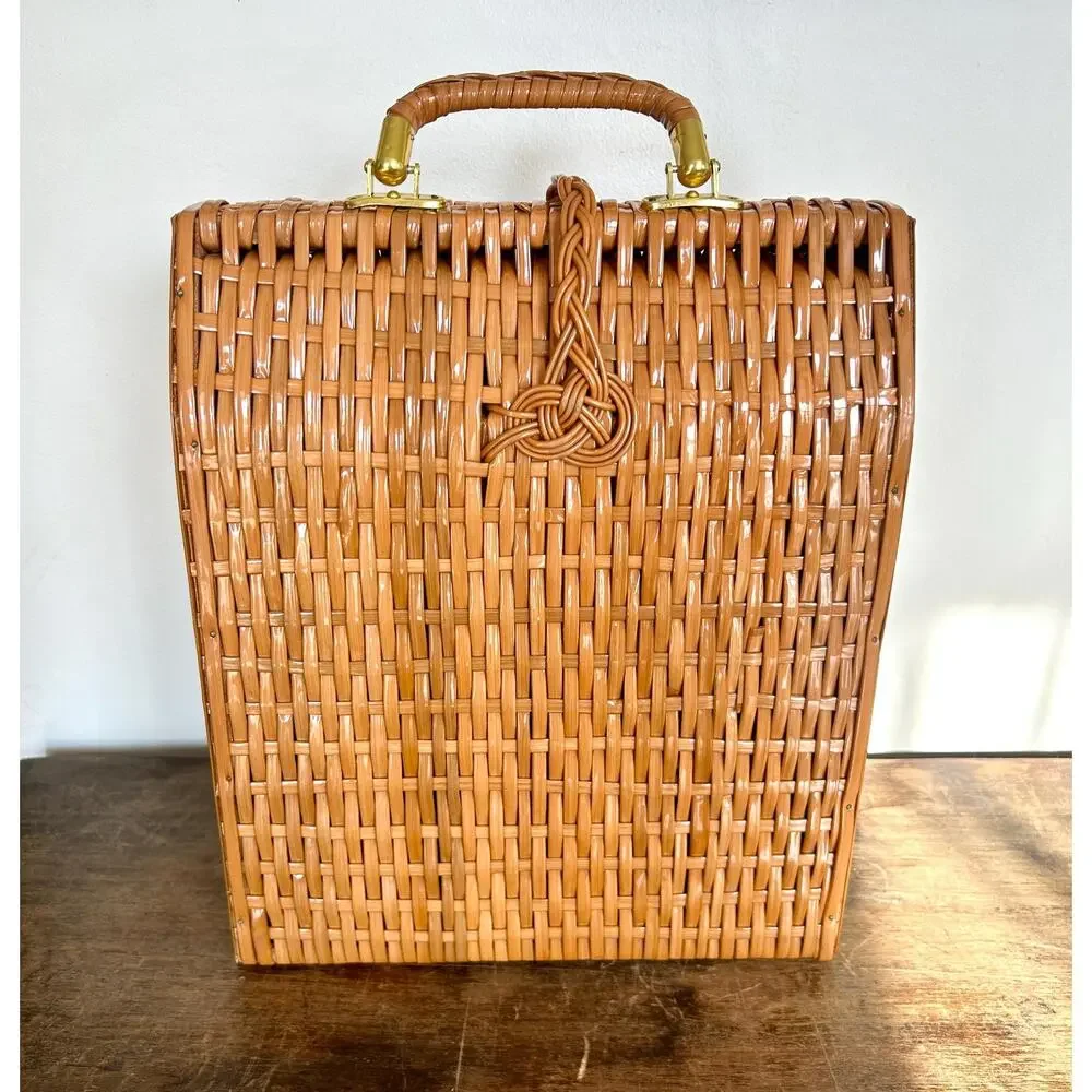 Vintage Wicker Wine Bottle Carrier Picnic Basket, Mid Century Barware Decor